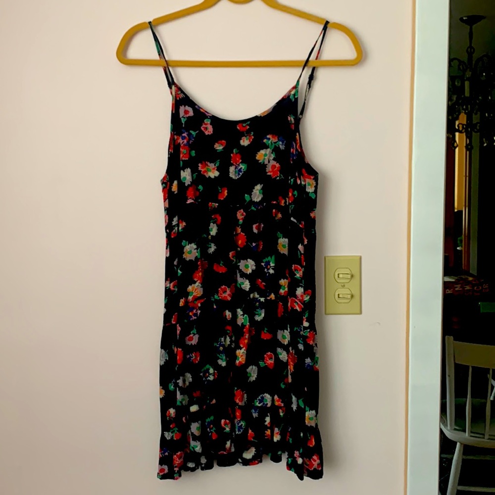Spaghetti strap black floral mini dress- great for a beach cover up